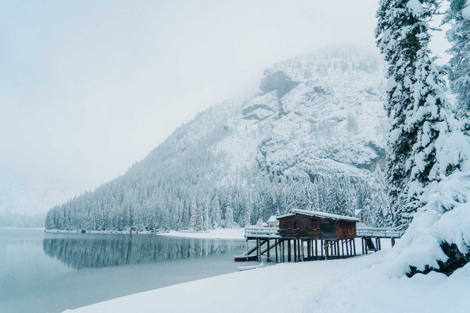 Italia Mia - Scenic view of Lago di Braies lake in winter